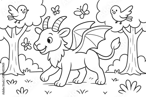 Chimera in Fantasy Forest. Friendly fantasy forest children?s coloring book illustration, outlined drawing, a cheerful chimera walking among trees with smiling