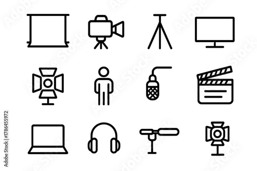 Video Studio Icons. Video studio. Line outline icon set of video studio: green screen, camera, tripod, monitor