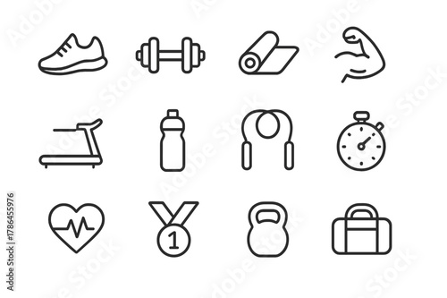 Active Lifestyle Icons. Active lifestyle. Line icon set of active lifestyle: running shoe, dumbbell, yoga mat, flexed bicep, treadmill, water bottle, jump