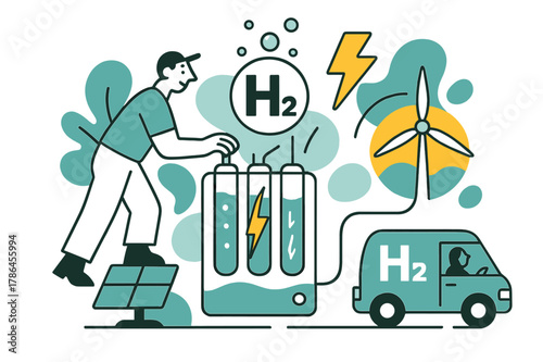 Green Hydrogen Ecosystem. Green Hydrogen Production. Electrolyzer stacks hum; bubbles lift into an ?H?? badge while a lightning icon feeds from solar and wind