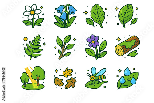 Isometric Forest Blossoms. Forest edge blossoms. Colorful isometric vector icons set of Forest edge blossoms: wood anemone, bluebell cluster, primrose leaf,