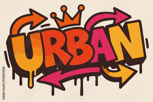 Vibrant Urban Graffiti. Graffiti Simplified style with thick bubble or block letters, tilted layout, dripping outlines, flat spray fills, arrows and crowns,