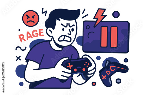 Gamer's Frustration Illustrated. Gaming Meme Fun. A player frustrated at a paused game; glowing controllers