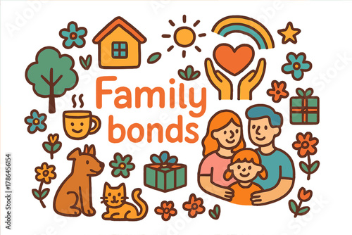 Colorful Family Bonds Illustration. Family bonds. Hand-drawn doodle illustration of family bonds. Parents,