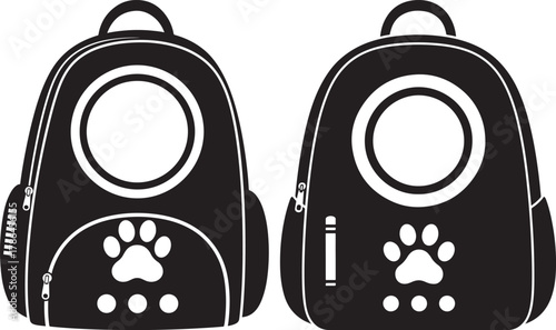 Two black pet carrier backpacks with paw prints and circular windows silhouette