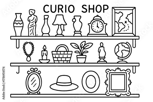 Eclectic Curio Shop. Curio shop. Hand-drawn doodle illustration curio shop shelf, vase, figurine, lamp, old clock, map, jewelry, candle, basket, plant, globe,