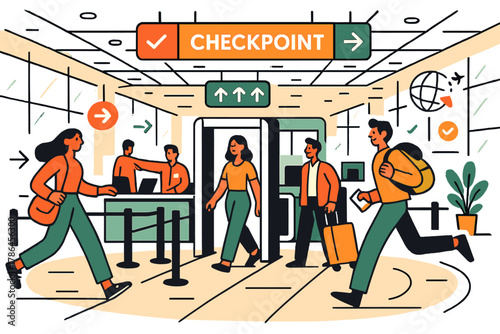 Sleek Airport Checkpoint Design. Modern airport design. Wide view of sleek checkpoint area with organized