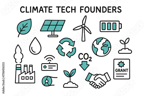 Eco-Startup Doodle Icons. // Climate tech founders. Hand-drawn doodle illustration Climate tech founders [leaf badge (accented), solar panel (accented), wind