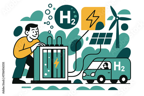 Green Hydrogen Illustration. Green Hydrogen Production. Electrolyzer stacks hum; bubbles lift into an ?H?? badge while a lightning icon feeds from solar and