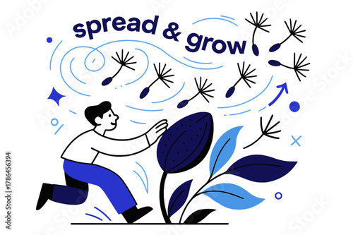 Seeds in Motion. Seeds ? Wind Scatter. Light gusts lift seeds from a pod; spiral lines mark flight paths. Text ?spread & grow? arcs through the breeze. Modern