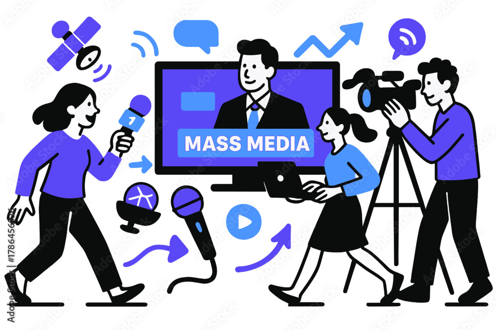 Fototapeta premium Modern Newsroom Vibes. Mass media. A modern newsroom with glowing screens, microphones, and satellite icons,