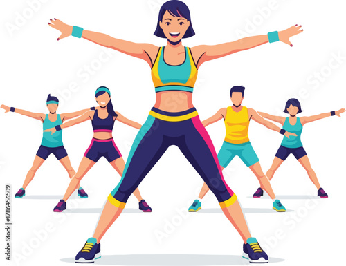 Energetic Group Aerobics Class Led by Cheerful Female Instructor Fitness Concept