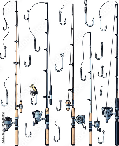 Collection of Detailed Fishing Rods Reels and Assorted Hooks Illustration for Angling Gear Design