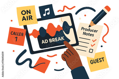 Radio Producer's Workspace. Radio Studio Desk ? Producer Notes. Sticky notes and a clean checklist fan around a tablet; waveform ribbon points to ?ad break?.