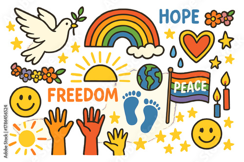 Dove of Hope. Freedom and hope. Colorful Hand-drawn doodle Children illustration Freedom and hope flying dove, sunrise, raised hands, rainbow, open heart,