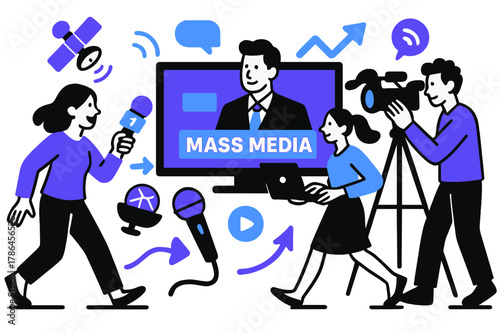 Modern Newsroom Vibes. Mass media. A modern newsroom with glowing screens, microphones, and satellite icons,