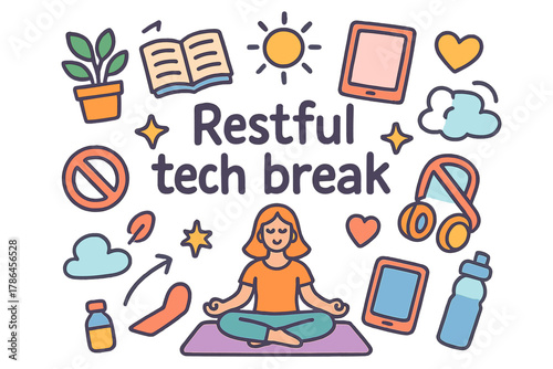 Restful Tech Retreat. Restful tech break. Hand-drawn doodle illustration of restful tech break. Meditation