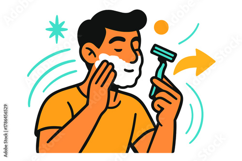 Dynamic Shaving Scene. Shaving. A person applying shaving cream and using a razor, glowing foam and motion