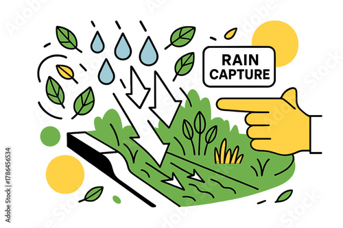 Dynamic Rain Capture Design. Green infrastructure ? Bioswales & rain gardens. Raindrops become arrows guiding water into lush channels; a hand points to a