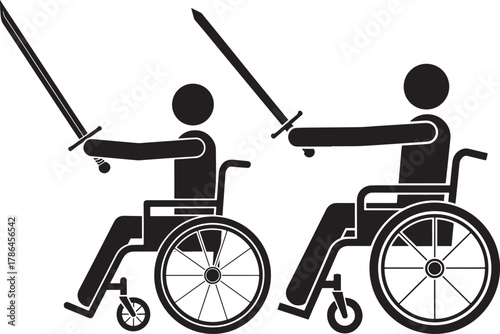 Two silhouettes of people in wheelchairs wielding swords
