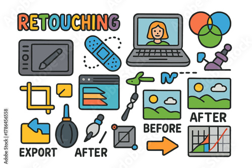 Colorful Editing Tools. Retouching and editing. Colorful Hand-drawn doodle Children illustration Retouching and editing laptop, pen tablet, layers panel,