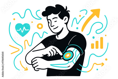 Cyborg Biofeedback Scene. Cyborg enhancement. A person fitting a wearable biosensor glowing on their arm,