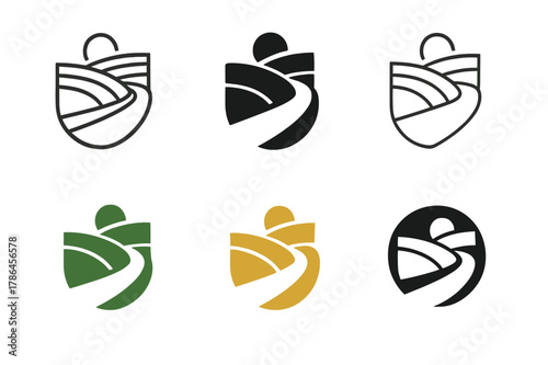 Rice Field Logos. Rice field road. Set Logo of Rice field road: terraced bend. harmonious logo variations of the same emblematic concept, each with different