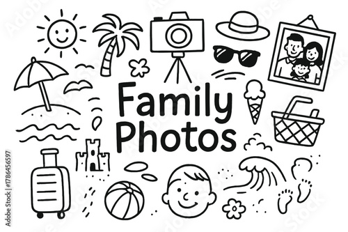 Family Holiday Doodle. Family Photos. Hand-drawn doodle illustration of taking family photos on a holiday.