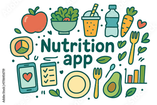 Nutrition App Doodle. Nutrition app. Hand-drawn doodle illustration of nutrition app. Apple, salad bowl,