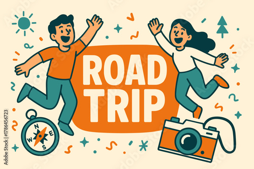 Road Trip Adventure. Road trip banner, flat vector illustration, bold oversized text inside rounded blob, cartoon characters jumping and waving, compass and
