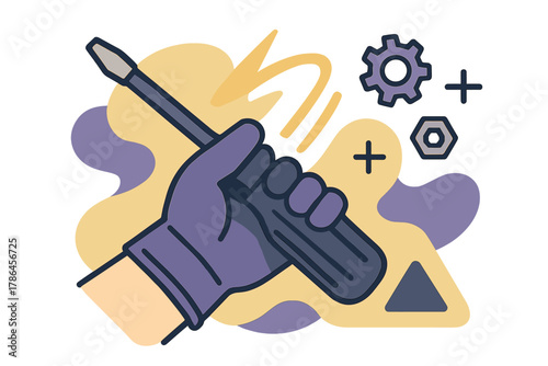 Industrial Grip Illustration. Industrial Use Grip. A gloved hand holds a heavy-duty screwdriver; glowing