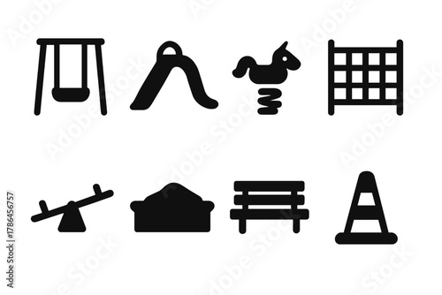 Playground Equipment Icons. Playground equipment. Filled icon set of playground equipment: swing, slide,