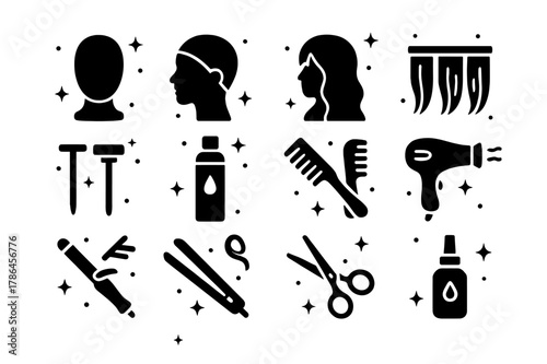 Cosplay Wig Styling Icons. Wig styling for cosplay. Solid icons set of Wig styling for cosplay: wig head, wig cap, lace front wig, hair wefts,