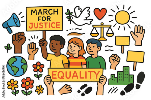 Colorful Justice March. March for justice. Colorful Hand-drawn doodle Children illustration March for justice protest signs, raised hands, megaphone, peace