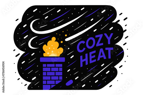 Snowy Chimney Glow. Snowstorm Night Chimney. Gusts curve across the sky, white streaks against a dark background; a single chimney glows like a lantern. ?Cozy
