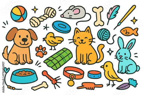 Colorful Pet Toys. pets and toys. Colorful Hand-drawn doodle Children illustration pets and toys dog, cat, ball, chew toy, yarn, mouse toy, frisbee, bone,