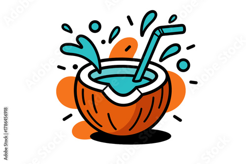 Refreshing Coconut Splash. Coconut water moment. A close-up of a cracked coconut with a straw inserted, water