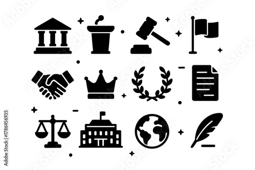 Government Affairs Icons. Government Affairs. Solid icons set of Government Affairs: government building, podium, gavel, flag, handshake, crown, laurel wreath,