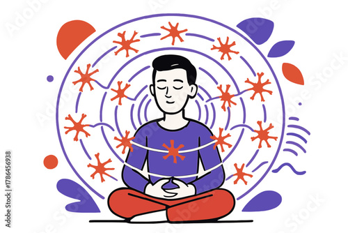 Mindful Neural Rewiring. Focused rewiring. A person sits with eyes closed, surrounded by geometric rings of
