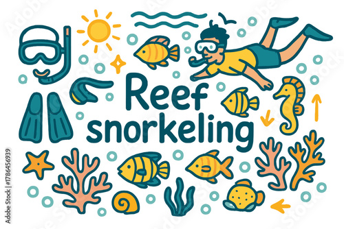Reef Snorkeling Adventure. Reef snorkeling. Hand-drawn doodle illustration of reef snorkeling. Snorkeler, mask
