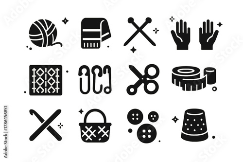 Handmade Knitting Icons. Handmade Knitting. Solid icons set of Handmade Knitting: yarn ball, scarf, knitting needles, hands, pattern chart, stitch markers,
