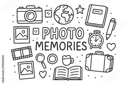 Photo Memories Doodle. Photo Memories. Hand-drawn doodle illustration of Photo Memories. camera, photo frame,