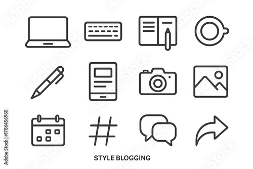 Style Blogging Icons. Style blogging. Line outline icon set of style blogging: laptop, keyboard, notebook,