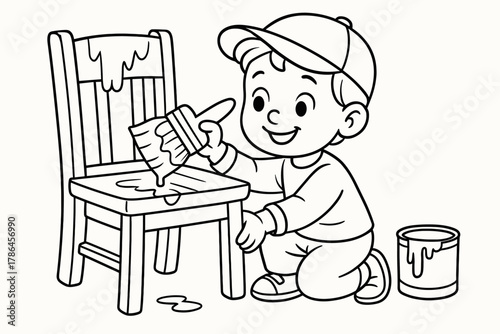 Kid Painting Chair. Painting a chair children?s coloring book illustration, outlined drawing, smiling kid