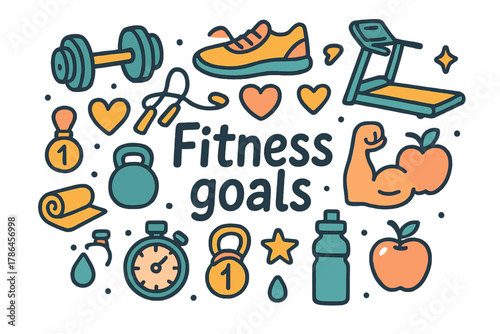 Doodle Fitness Collage. Fitness goals. Hand-drawn doodle illustration of Fitness goals. Dumbbell, running shoe