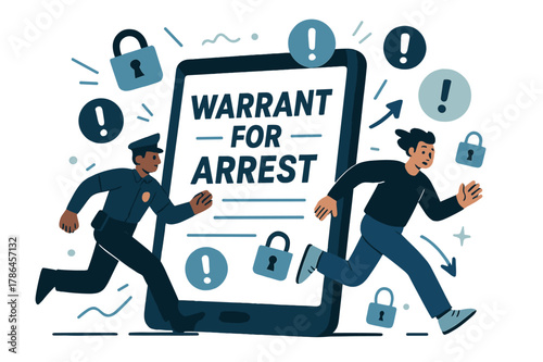 Digital Arrest Warrant. Warrant for arrest. Digital representation of an arrest warrant on tablet with abstract floating warning icons, locks, and exclamation