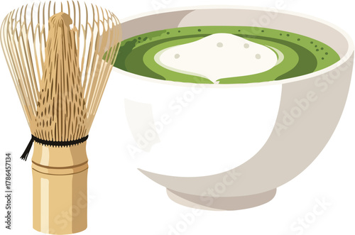 Matcha Green Tea Bowl with Traditional Bamboo Whisk Chasen Isolated on White Background