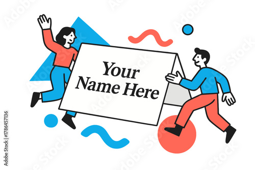 Geometric Place Card Design. Blank Place Card Mockup. A pristine folded card floats with light shadows; placeholder text reads ?Your Name Here.? Geometric