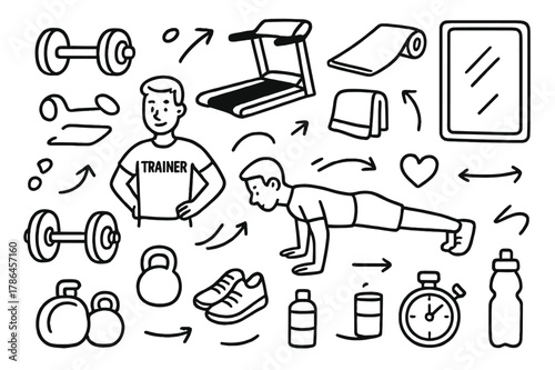 Gym Doodle Icons. Gym exercise. Hand-drawn doodle illustration gym exercise dumbbells, treadmill, mat, towel, barbell, push-up icon, weights, shoes, stopwatch,
