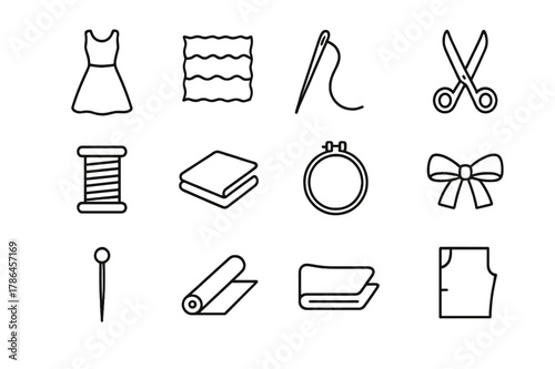 Dress Fabric Icons. Dress fabric design. Line icon set of dress fabric design: dress silhouette, organza fabric, sewing needle, thread, scissors, spool of